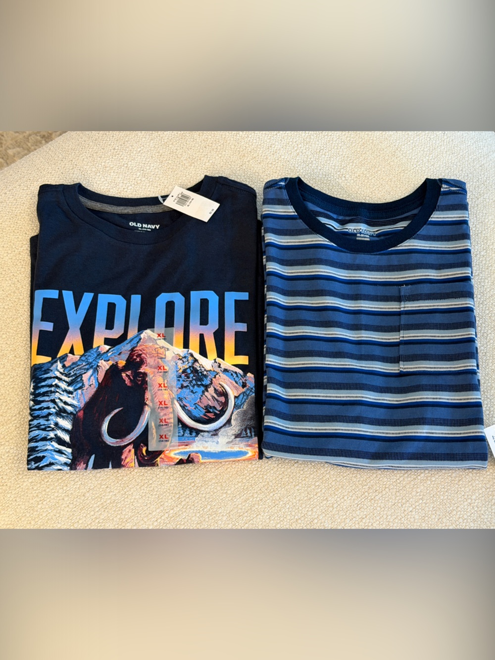 Old Navy Navy Graphic 'Explore' Tee and Blue Striped Pocket Tee